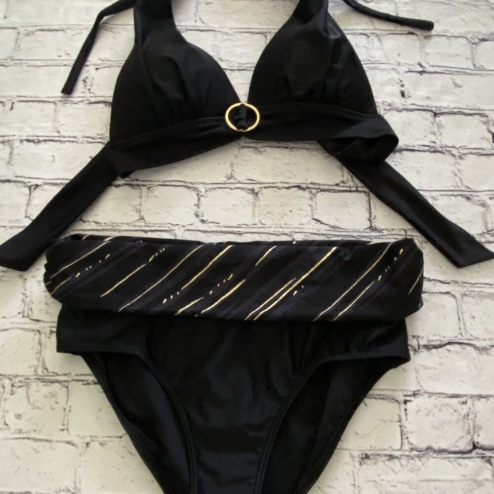 Simon Chang Vintage Black And Gold Bikini Padded Halter Top Size 10 Bond Girl EC
